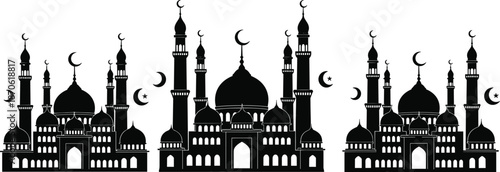 Black and white of a mosque with domes minarets and crescent moons stars