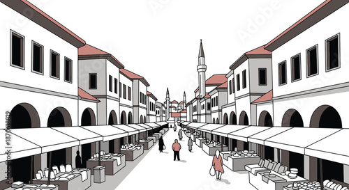 Animated Illustration of a Bustling Traditional Outdoor Market Street Scene with Shoppers