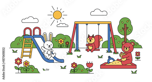Woodland Animals Joyfully Playing at a Vibrant Outdoor Playground