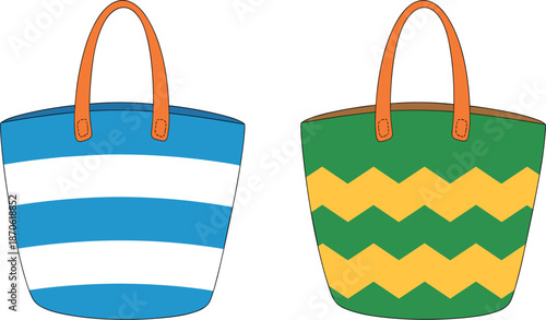 Summer beach bag vector set, colorful striped and chevron tote bags, fashion holiday travel accessories