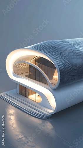 Modern, futuristic building with curved roof, glowing accents, and minimalist design