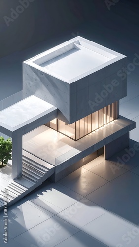 Isometric view of a minimalist modern building with a pool and courtyard