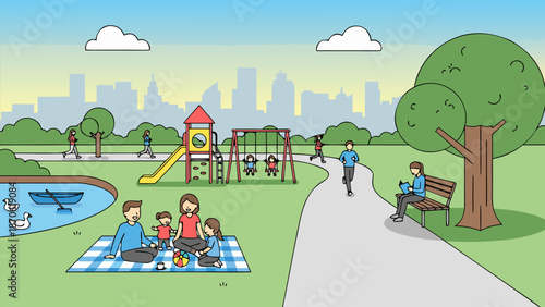 Vector illustration of a vibrant park scene with people enjoying outdoor activities, a perfect EPS file for graphic design