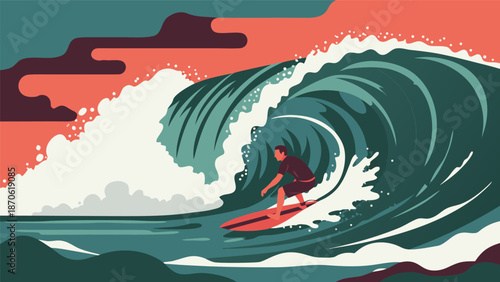 Vector illustration of a surfer riding a massive wave, capturing the thrill of extreme sports and ocean adventure