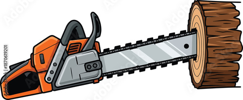 Power chainsaw cutting into thick timber log with sharp metal blade