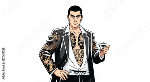 Traditional Japanese Inspired Character with Striking Tattoos and Sake
