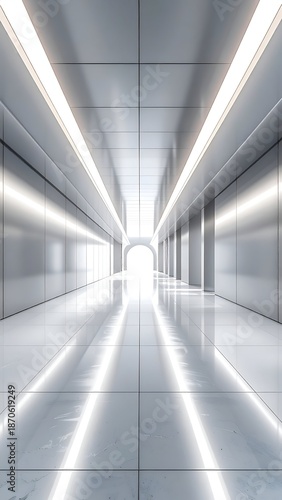 Futuristic, bright, empty hallway with glowing lights and perspective