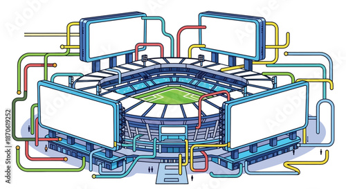 Modern Stadium Digital Advertising Interconnected Technology Infrastructure Illustration