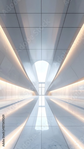 Modern, bright corridor with sleek design, illuminated by linear lights