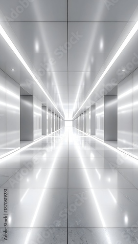 Futuristic, bright, corridor with clean white lines, perspective view