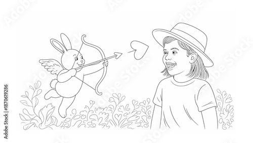 Love's arrow: A whimsical illustration depicts a heart-shaped arrow, shot by a winged cupid bunny, aimed towards a person, symbolizing affection and love. 