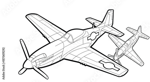 Detailed Vintage P51 Mustang Propeller Fighter Aircraft Line Art Illustration