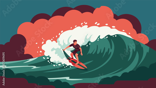 Vector illustration of a surfer riding a massive wave, capturing the thrill and dynamic energy of ocean surfing in a stylized, colorful artwork