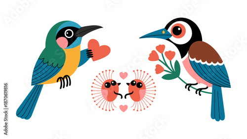 Lovebirds' Serenade: A charming illustration depicts two adorable lovebirds, one offering a heart and the other presenting a bouquet, all in a sweet symphony of affection.