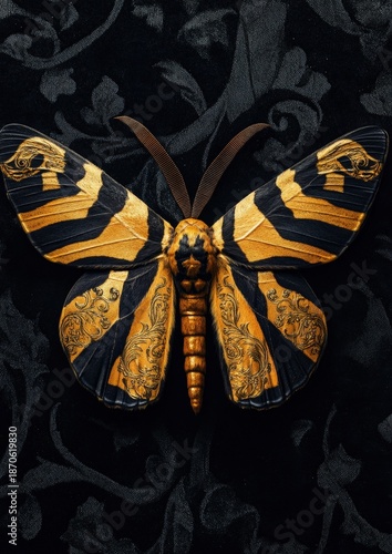 A striking close-up of a Death's-head hawk-moth displaying vibrant patterns and colors, set against an ornate black background.
