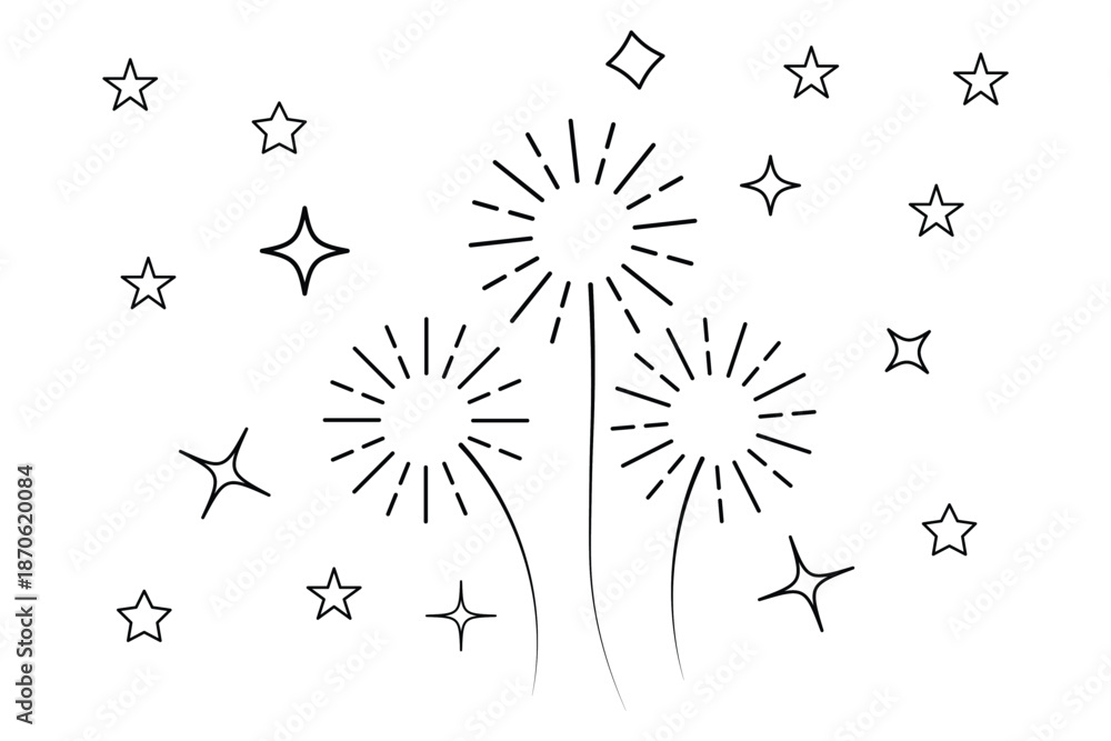 Obraz premium Fireworks clipart, icon, vector, illustration, fireworks on white background for holiday, Xmas, new year, birthday, anniversary, victory, party, carnival, 4th of July, printable card set of fireworks 