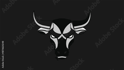 Bold bull head logo design with sharp horns and intense gaze on dark background.