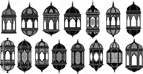 Collection of intricately designed black and white lanterns with various geometric and floral patterns