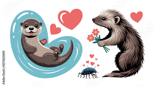 Love's Gift: A charming cartoon otter and a weasel exchange a bouquet of flowers amidst a swirl of hearts, celebrating a heartfelt romantic gesture.