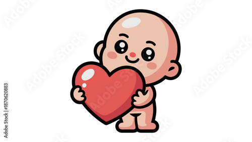 Sweetheart's Embrace: A darling baby-like cartoon figure, exuding innocence and affection, tenderly holds a vibrant red heart, symbolizing love and warmth.