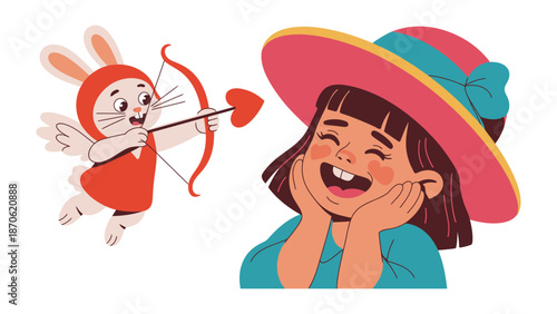 Love's Serenade: An enchanting cartoon scene unfolds as a charming rabbit, dressed as Cupid, aims his arrow of love at a happy girl, her face aglow with joy.