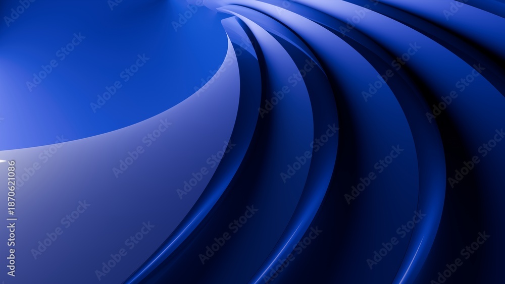 Obraz premium Abstract wavy curved 3d render. Blue soft layers of plastic with lines, folds, ruffles. Modern wallpaper, texture pattern. 3D Illustration