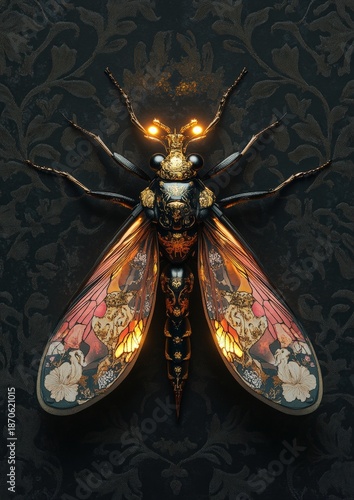 An ornate, regal insect with intricate wings against a backdrop of deep, textured patterns. It exudes opulence.