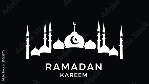 White mosque silhouette with crescent moon and star on black background with Ramadan Kareem text