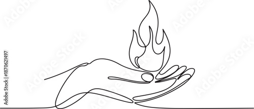 Human hand holding burning fire flame continuous line drawing art.one line vector illustration with out background