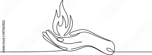 Human hand holding burning fire flame continuous line drawing art.one line vector illustration with out background