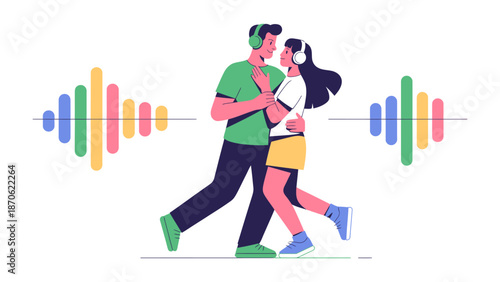 Harmony in Rhythm: An illustration of a couple dancing in unison, their bodies swaying in time with the music. The illustration is a celebration of connection, rhythm.