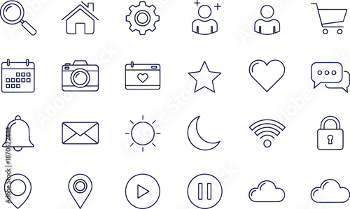 Detailed Minimalist Outline UI UX Essential Web Navigation Icons Vector Set