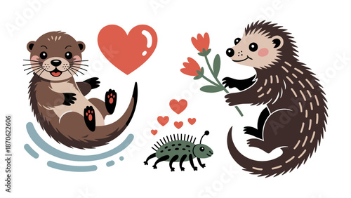Playful Pals: A heartwarming illustration of a charming otter, hedgehog, and friendly bug, each expressing love and affection, surrounded by floating hearts and a bouquet of flowers. 