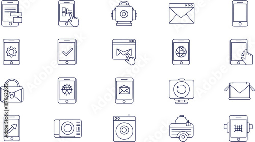 Minimal Line Icon Set for Mobile Technology and Communication Application Interfaces Vector Collection