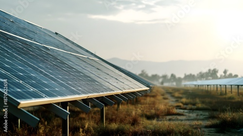 Solar Panels Power Plant at Sunset in Green Landscape for Renewable Energy and Sustainability Concept