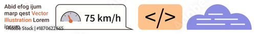 Technology, connectivity, cloud storage, speed monitoring, coding, data sharing. Speedometer reading of 75 kmh, coding symbol and cloud graphic. Technology and connectivity concept
