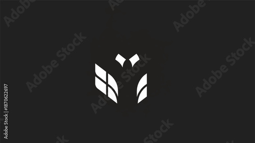 Abstract geometric logo design featuring a stylized figure with wings, minimalist and modern.