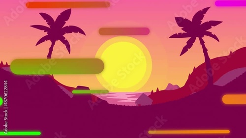 Animation of colourful shapes moving over landscape with palm trees and sun