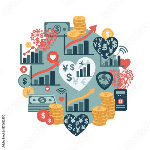 An illustration of a stack of money with a coin on top, symbolizing wealth and finance.