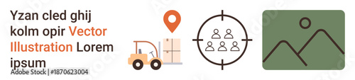 Logistics, navigation, supply chain, business planning, delivery services, and location mapping. Forklift with box, map pin target icon and image . Supply chain and navigation theme