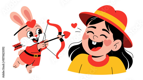 Valentine's Day Bliss: A charming cupid bunny playfully aims its love arrows towards a delighted person, embodying the joy and affection of Valentine's Day.