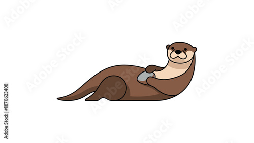 Cute cartoon otter resting on its belly holding a small stone, smiling happily.
