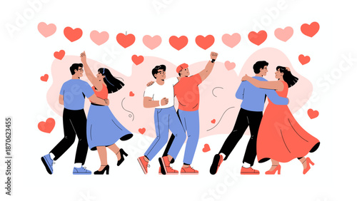 Dancing and Romance: Illustration of embracing couples dancing joyfully under a garland of hearts, capturing a moment of romance.