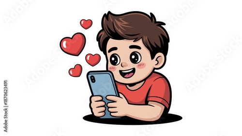Digital Love Story: A cartoon boy beams with joy, engrossed in his phone as hearts bubble around him, illustrating a charming moment of online affection.
