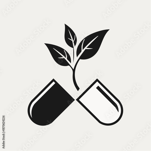 Natural medicine logo with plant growing from a capsule, black and white