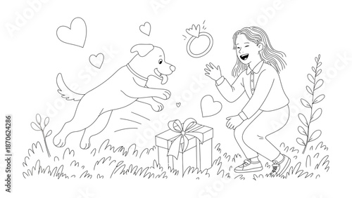 A Moment of Joy: A young woman and a playful dog revel in a scene filled with love and delightful surprise, symbolized by a sparkling ring and a gift-box. 