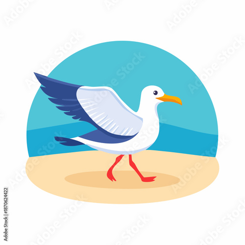 Seagull vector illustration by the beach with a vibrant blue sky behind it