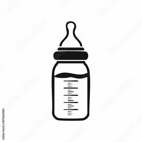 Simple black and white illustration of a baby bottle, for feeding infant