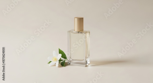 Elegant clear glass perfume bottle with botanical accents soft light