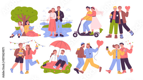 Love in Bloom: Various couple celebrate their bond together, portraying different scenes of love, joy, and togetherness under varied circumstances.